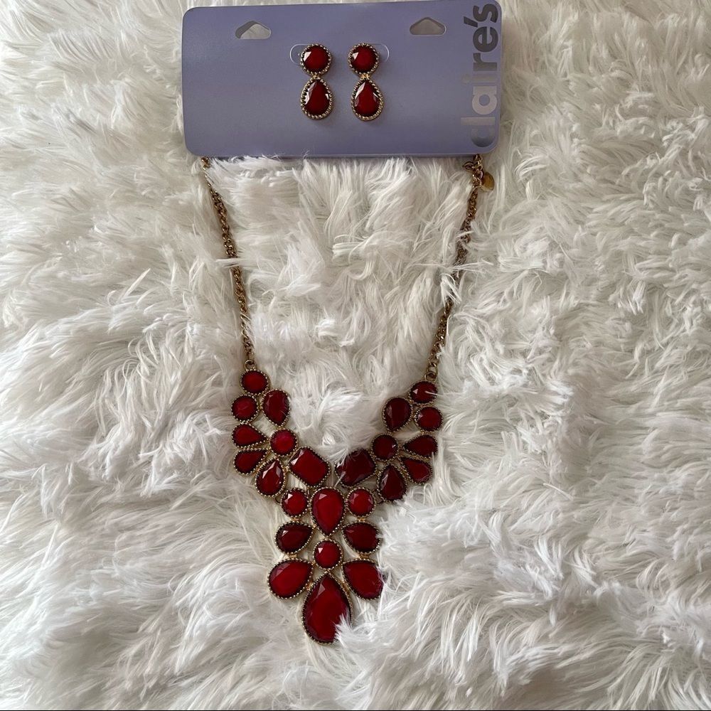 2/$20 Claire’s Ruby Colored Bib Necklace & Earrings Set; BNWT